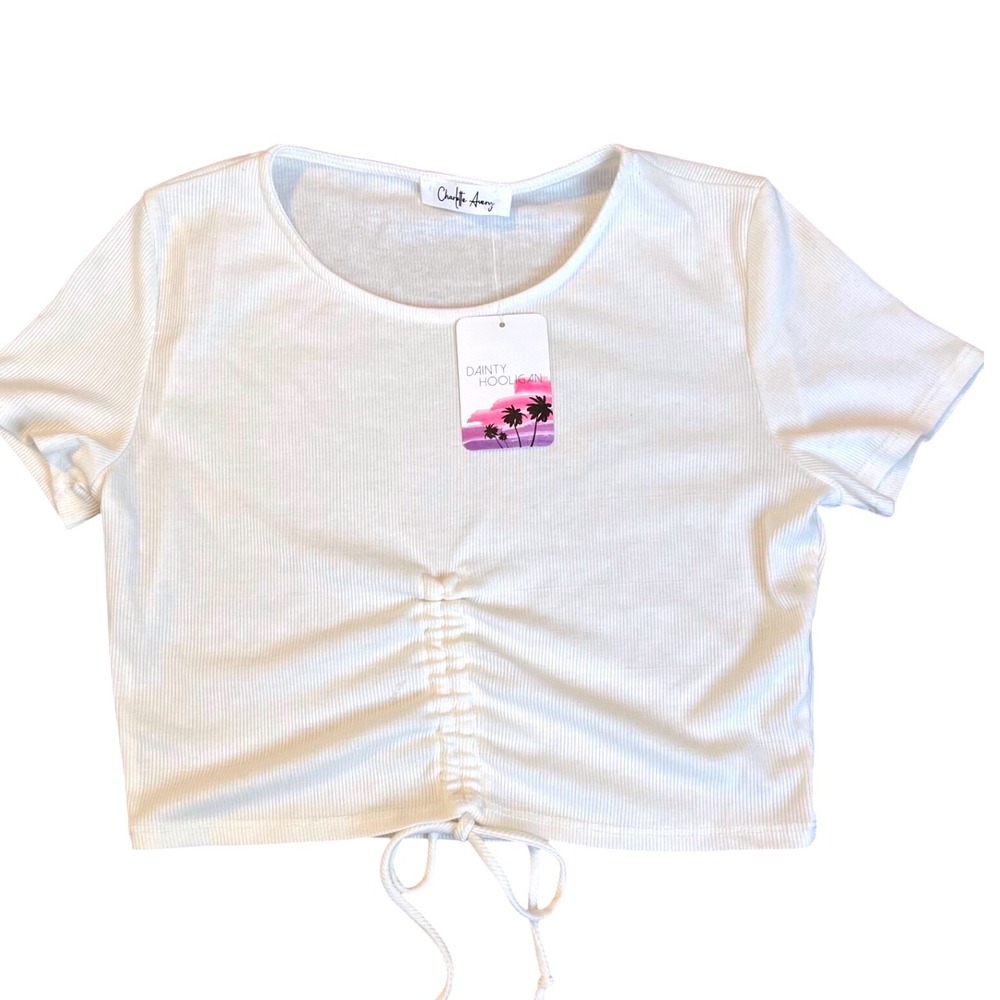 Charlotte‎ Avery Ribbed Ruched Drawstring Crop Top White Short Sleeve Size S NWT